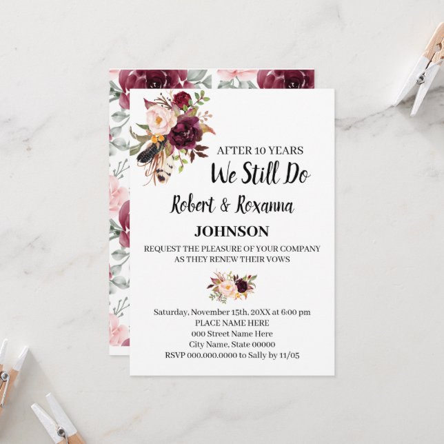 Invitation Marsala Fleurs Mariage Anniversaire Renouvellement (Devant/Arrière en situation)