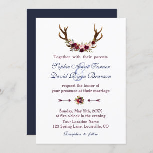 Invitation Marsala Floral Antlers Mariage de automne bleu mar