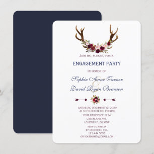 Invitation Marsala Floral Antlers Navy Blue Engagement Party