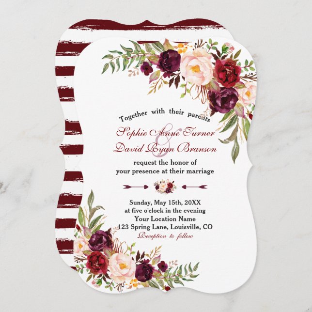 Invitation Marsala Floral Burgundy Stripes Mariage (Devant / Derrière)