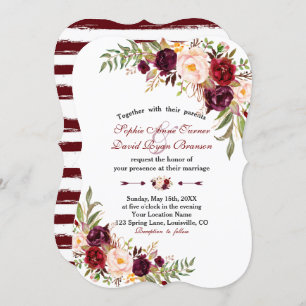 Invitation Marsala Floral Burgundy Stripes Mariage