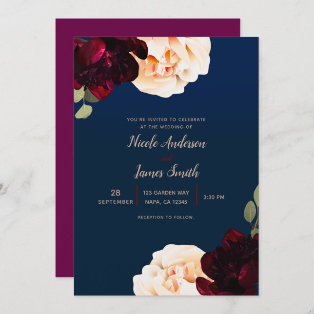 Invitation Marsala floral foncé crème & Mariage bleu marine (Devant / Derrière)