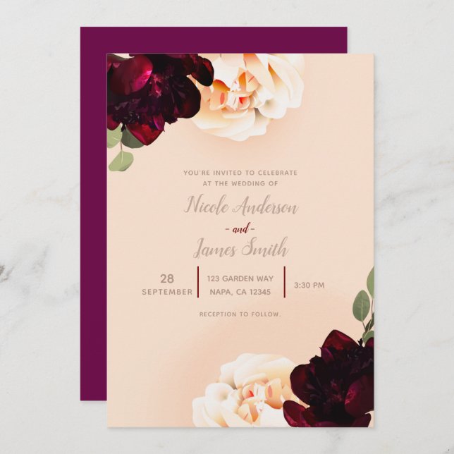 Invitation Marsala floral foncé Pêcher Élégant Mariage chic (Devant / Derrière)
