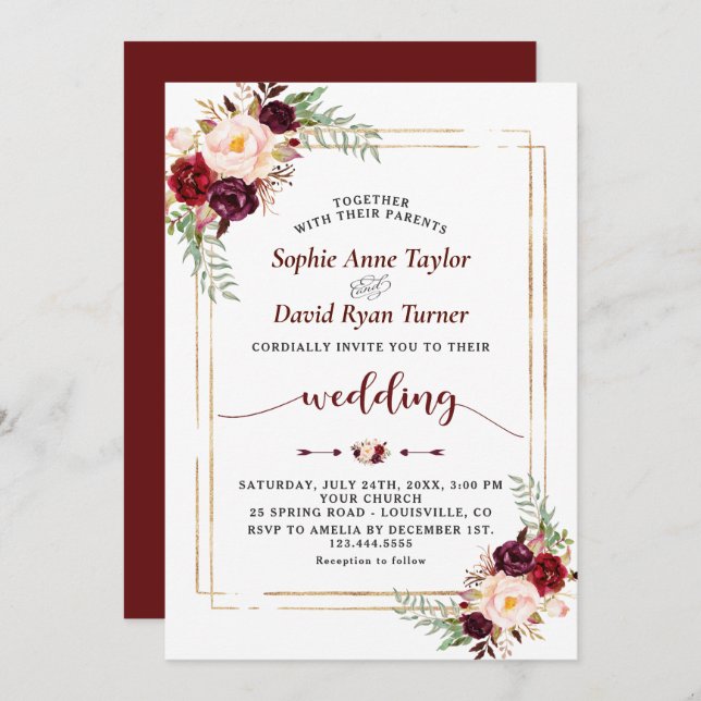 Invitation Marsala Floral Mariage unique de Bourgogne (Devant / Derrière)