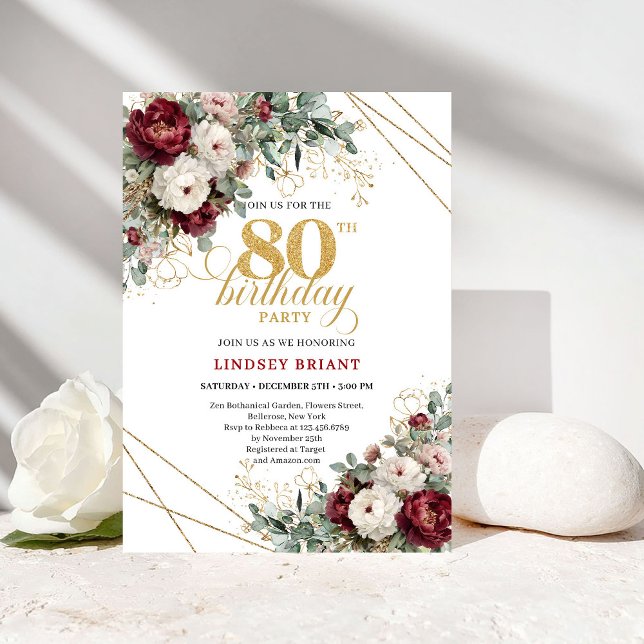 Invitation Marsala Floral Romantique Eucalyptus 80e Anniversa (Romantic Marsala Floral Eucalyptus 80th Birthday)