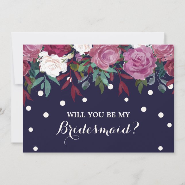 Invitation Marsala Floral sur Navy Will You Be My Bridesmaid (Devant)
