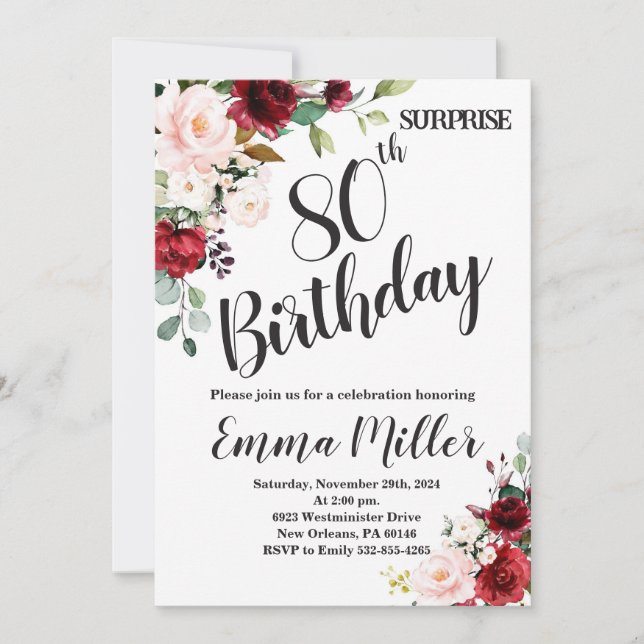 Invitation Marsala Floral Surprise 80e anniversaire (Devant)