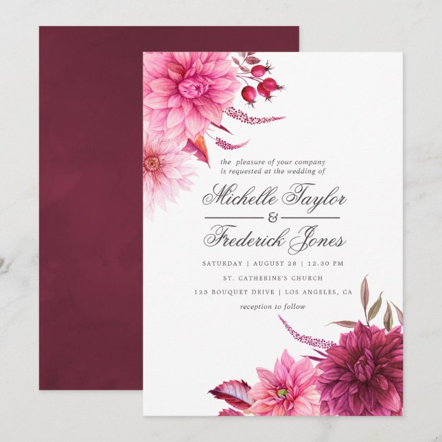 Invitation Marsala - Mariage d'automne Bordeaux et rose (Devant / Derrière)