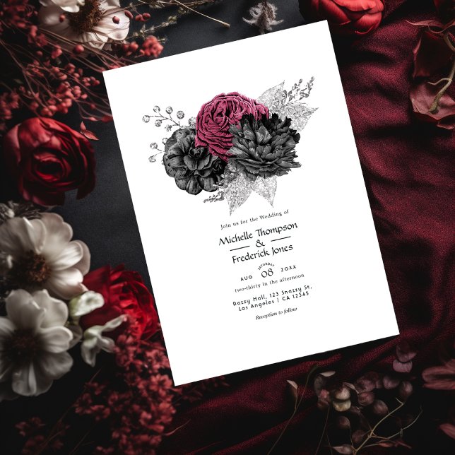 Invitation Marsala, Mariage floral noir et argent (Créateur téléchargé)