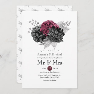Invitation Marsala, Mariage floral noir et argent