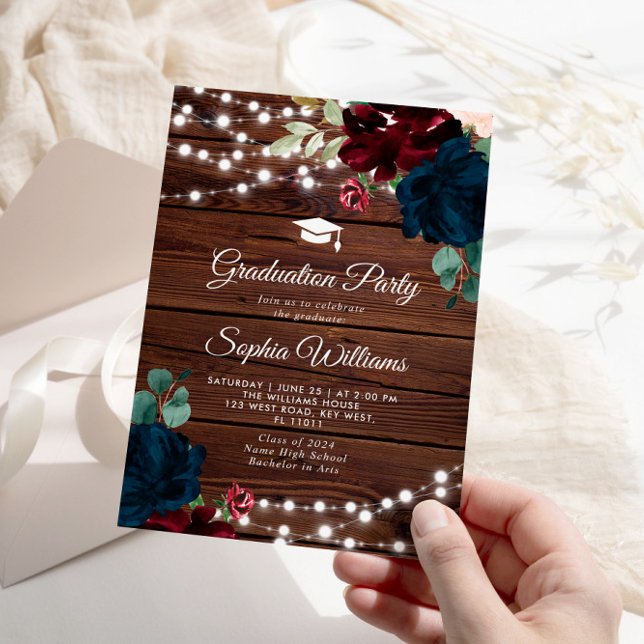 Invitation Marsala & Navy Rustic Wood Graduation Party (Créateur téléchargé)