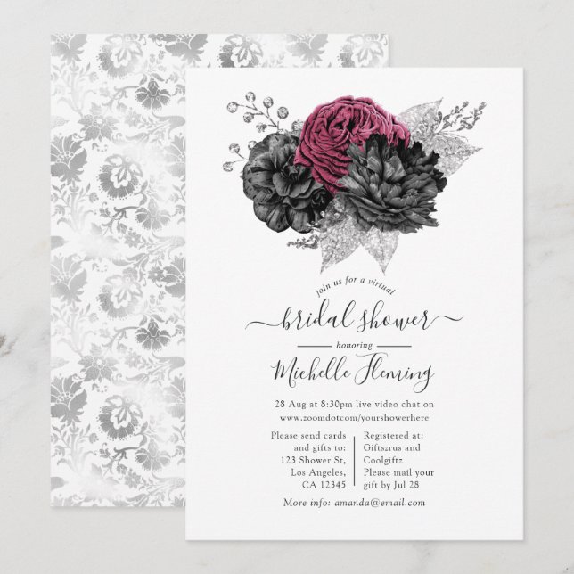 Invitation Marsala, Noir et Argent Mariage Virtuel Shower (Devant / Derrière)