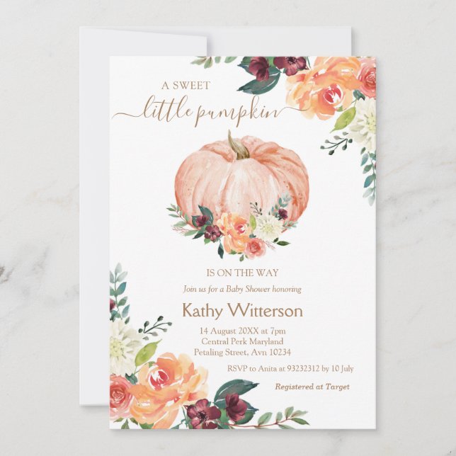 Invitation Marsala Orange Citrouille Floral Baby shower (Devant)