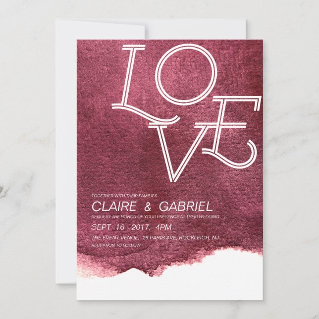 Invitation Marsala peint rose amour moderne simple mariage (Devant)