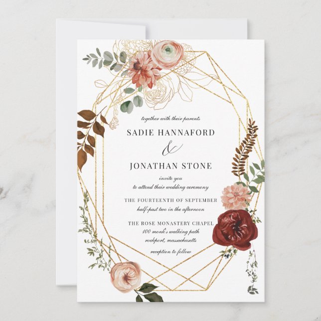 Invitation Marsala Pink Terracotta Floral Mariage géométrique (Devant)