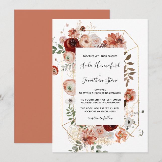 Invitation Marsala Pink Terracotta Floral Mariage géométrique (Devant / Derrière)