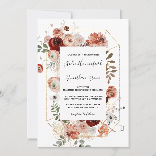 Invitation Marsala Pink Terracotta Floral Mariage géométrique (Devant)