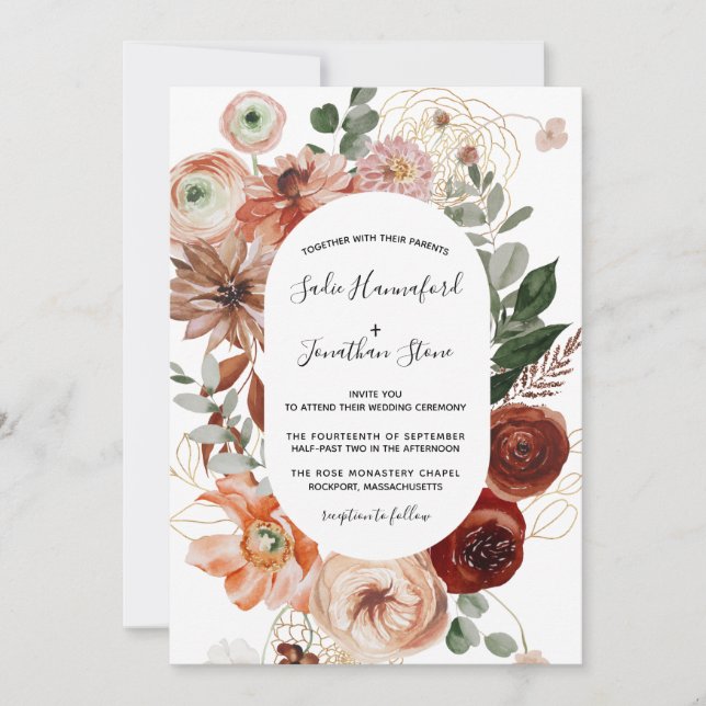 Invitation Marsala Pink Terracotta Orange Floral Mariage (Devant)