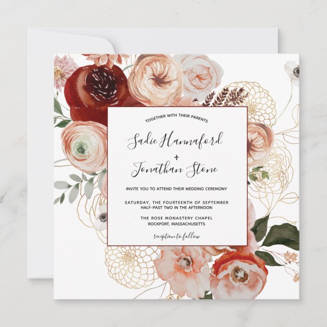Invitation Marsala Pink Terracotta Orange Floral Mariage Inv (Devant)