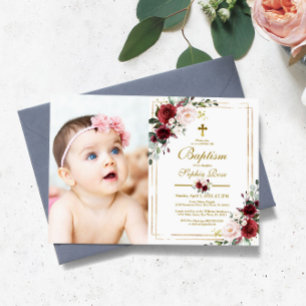 Invitation Marsala Rose & Gold Cadre Photo Fille Baptême