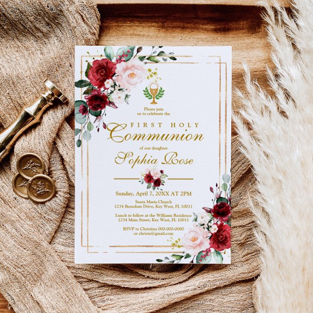 Invitation Marsala Rose & Gold Chalice Première Communion Sai (Créateur téléchargé)