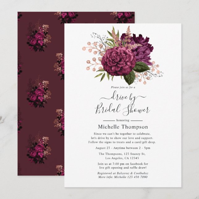 Invitation Marsala & Rose Gold Floral Virtual Drive Par Douch (Devant / Derrière)
