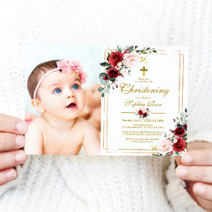 Invitation Marsala Rose & Gold Frame Photo Girl Christening