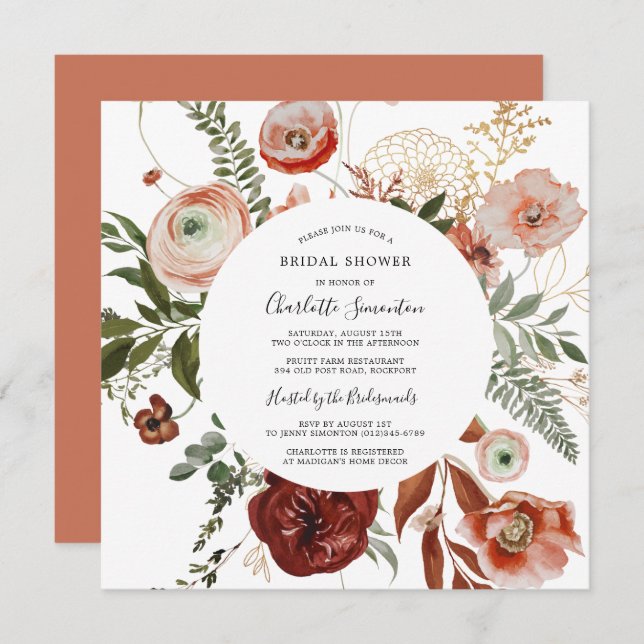 Invitation Marsala rose Orange Fête des mariées florale (Devant / Derrière)