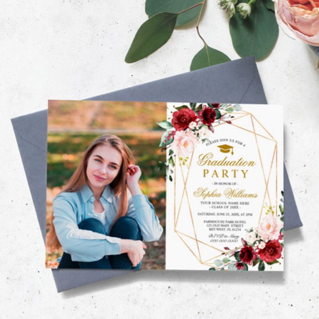 Invitation Marsala Rose Photo Graduation Party Girly Floral (Créateur téléchargé)