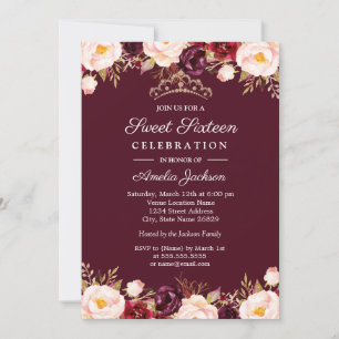 Invitation Marsala Rouge Bourgogne Aquarelle Florale Sweet 16
