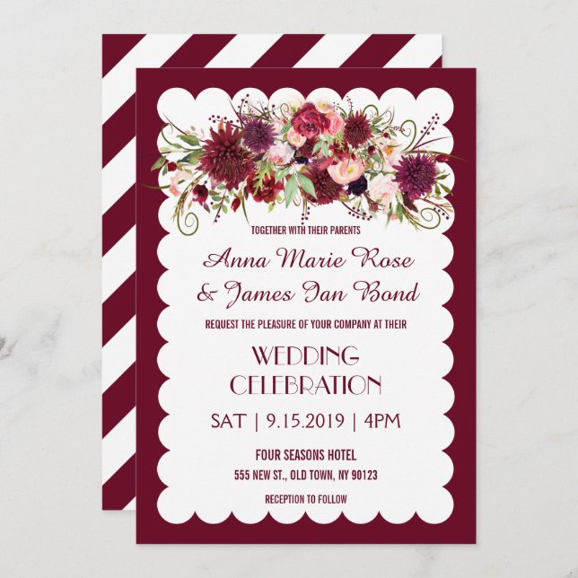 Invitation Marsala Rouge Bourgogne Floral Chic Wedding Invita (Devant / Derrière)