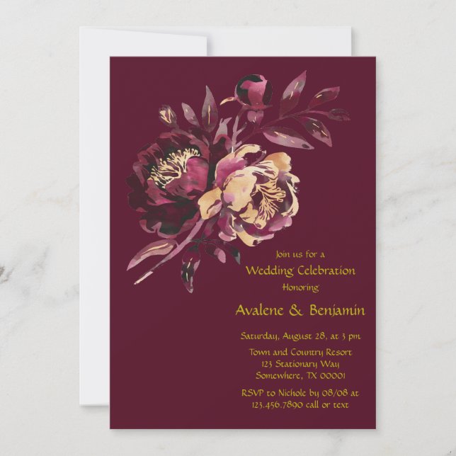 Invitation Marsala Rouge et or Peony Bouquet Mariage (Devant)