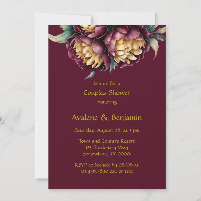 Invitation Marsala Rouge et or Peony Couples douche (Devant)