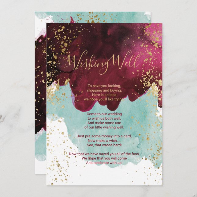 Invitation Marsala Rouge Teal Aquarelle Or Puits De Désirs (Devant / Derrière)