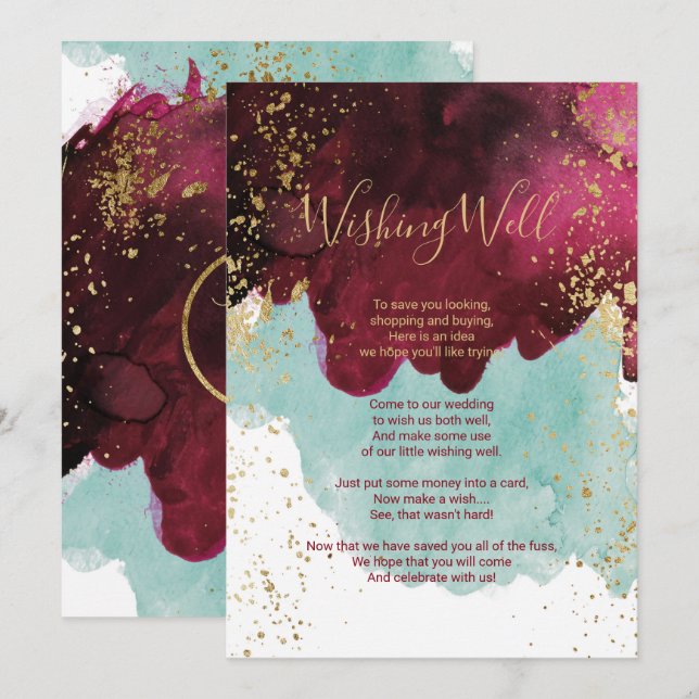 Invitation Marsala Rouge Teal Aquarelle Or Souhaits Profonds (Devant / Derrière)