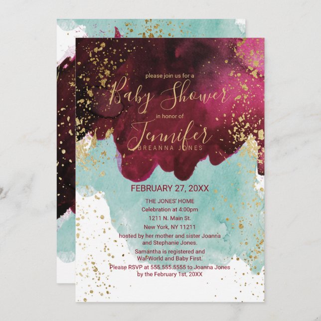 Invitation Marsala Rouge Turquoise Aquarelle Baby shower or (Devant / Derrière)