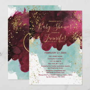 Invitation Marsala Rouge Turquoise Aquarelle Baby shower or