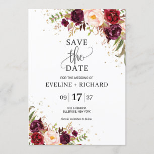 Invitation Marsala rousse rose floral enregistrer la date