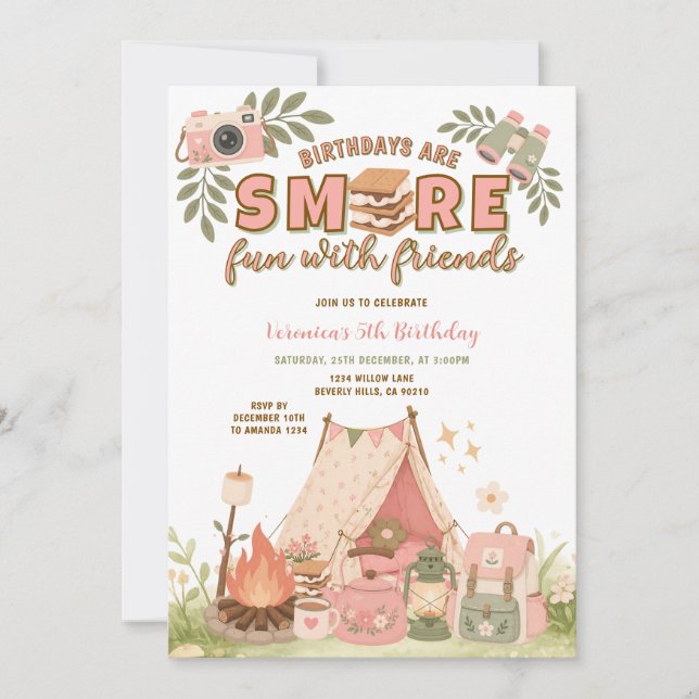 Invitation Marshmallow d'anniversaire Rose Smore Fun With Fri (Devant)