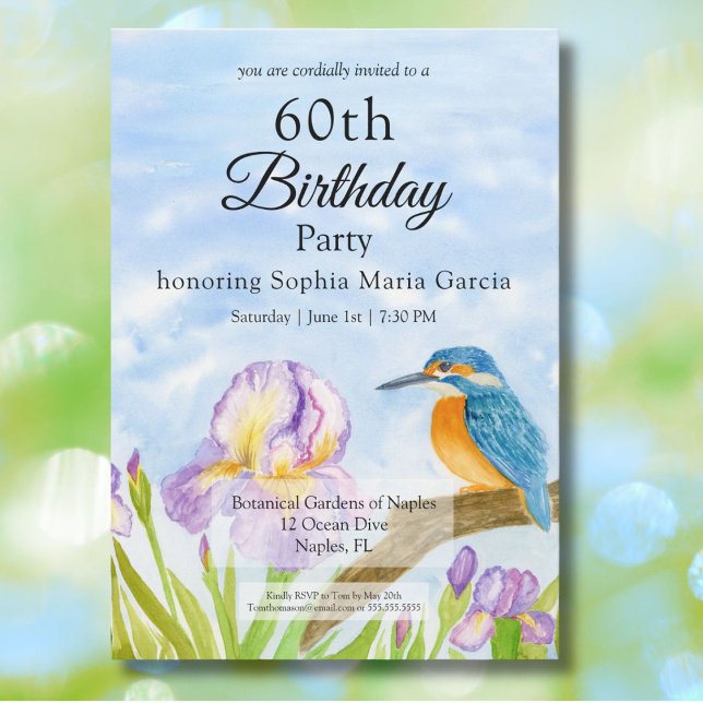 Invitation Martin-pêcheur avec iris violets pour un anniversa (Créateur téléchargé)