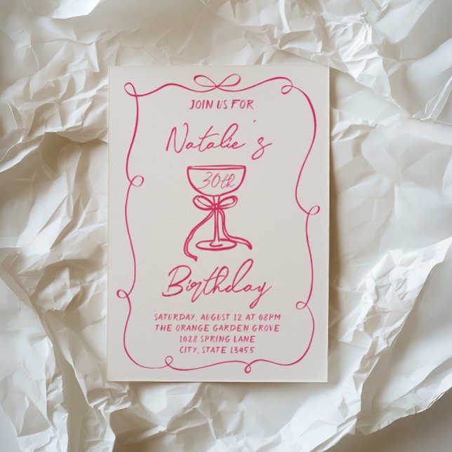 Invitation Martini à la bow rose à la main 30e Anniversaire (Créateur téléchargé)