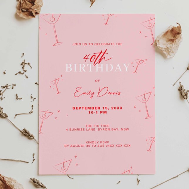 Invitation Martini à main Whimsical 40e fête d'anniversaire (Créateur téléchargé)