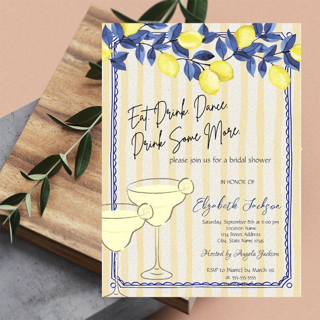 Invitation Martini Aquarelle Citrons Bleus Rayures Jaunes (Créateur téléchargé)