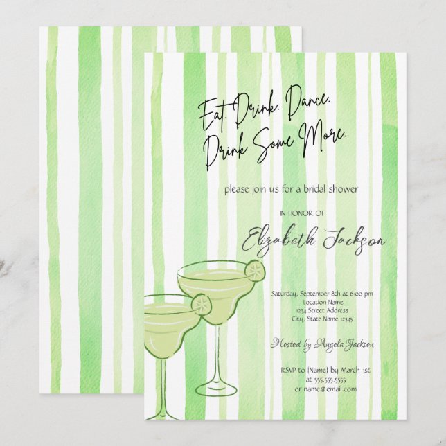 Invitation Martini Aquarelle Rayures Vertes Enterrement de Vi (Devant / Derrière)