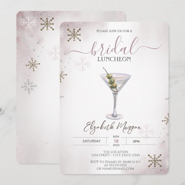 Invitation Martini,Cocktail, Déjeuner de mariage Flocons de n (Devant / Derrière)