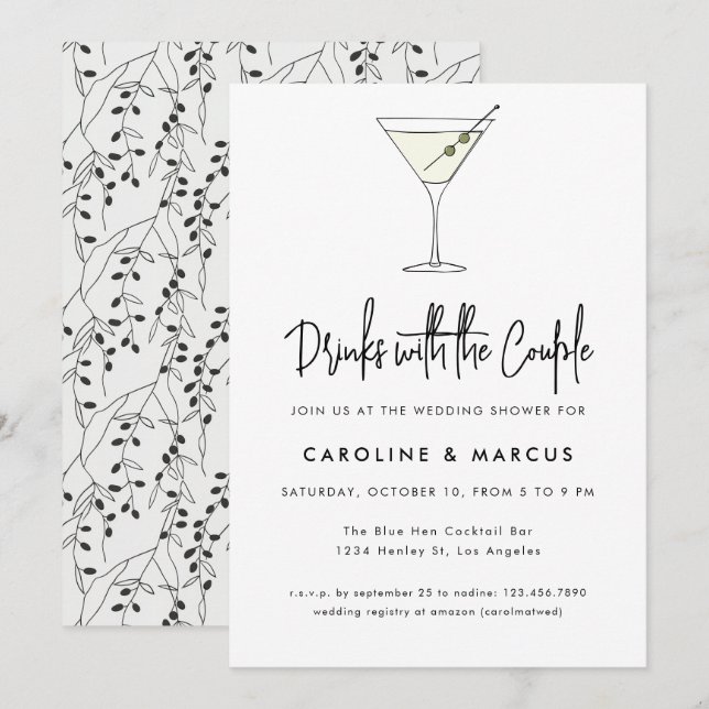 Invitation Martini Cocktail Illustration Couples Douche (Devant / Derrière)