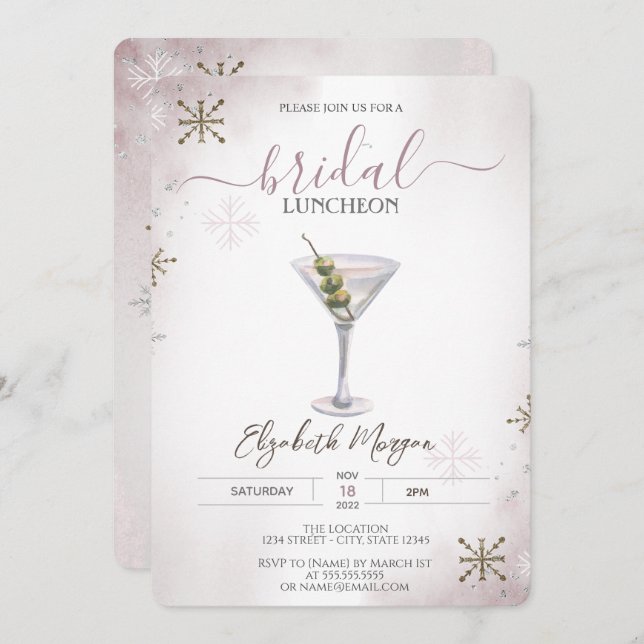 Invitation Martini, Cocktail, Snowflakes Bridal Luncheon (Devant / Derrière)