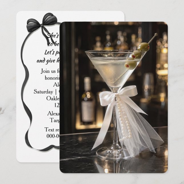 Invitation Martini de douche de mariée avec voile et perles (Devant / Derrière)