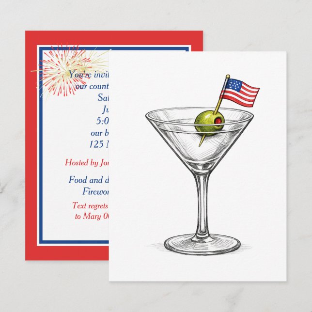 Invitation Martini du 4 juillet avec drapeau américain (Devant / Derrière)