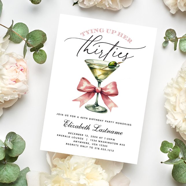 Invitation Martini Fêtant Ses 40 Ans à Trente Ans (Martini Tying Up Her Thirties 40th Birthday Invitation)